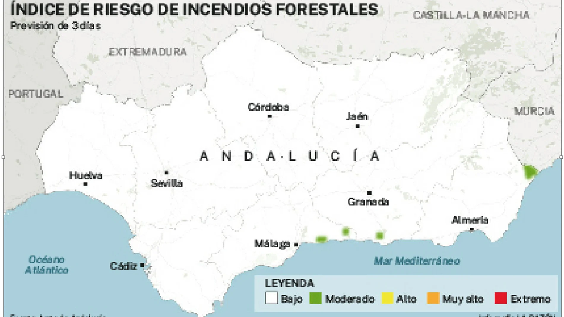 El mapa actual del riesgo de incendios (bajo) en Andalucía
