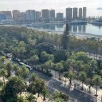 Vista aérea del Paseo del Parque y el Paseo de los Curas de Málaga con la zona de Muelle Uno del Puerto al fondo.