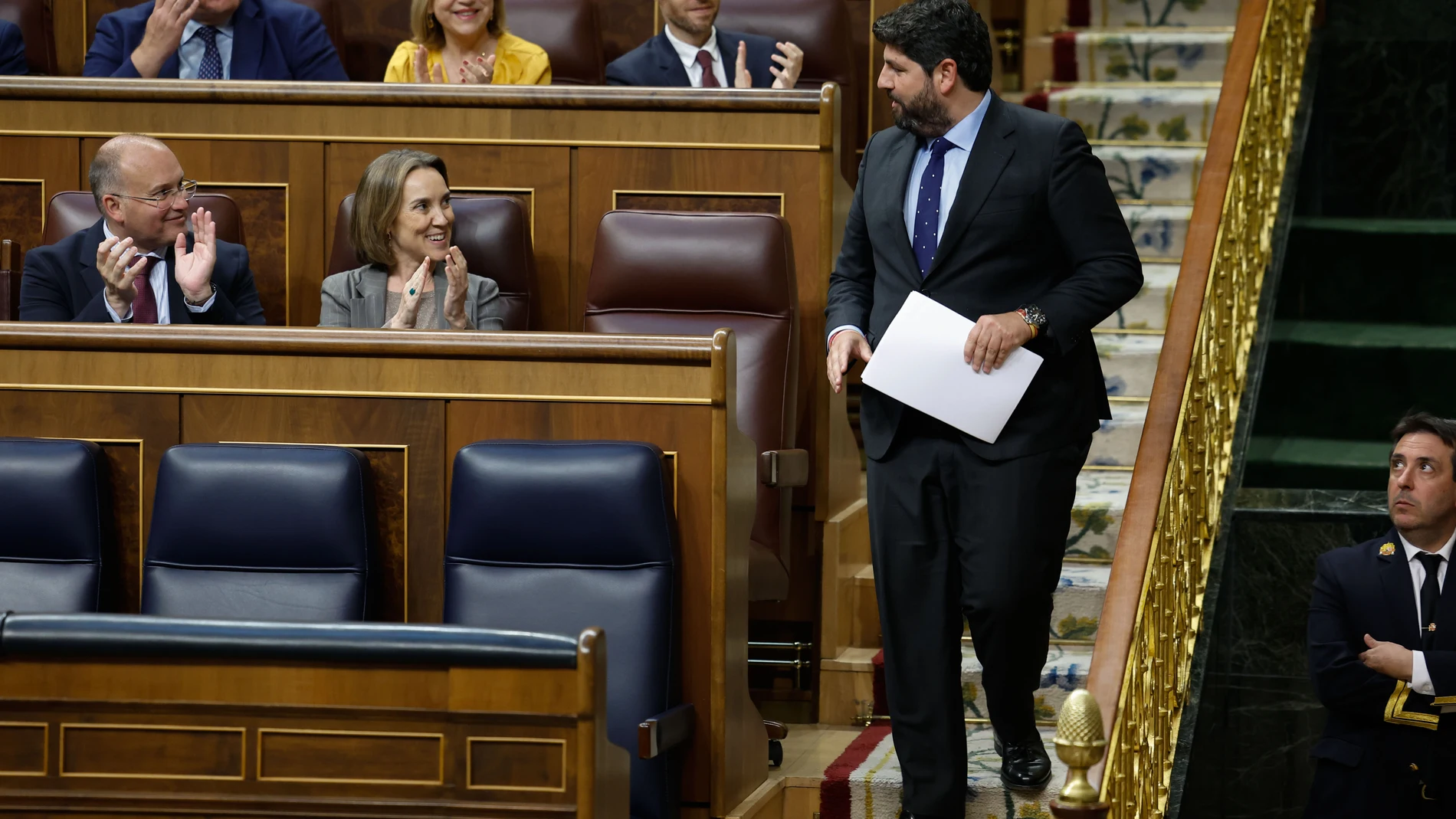 MADRID, 13/05/2025.- El presidente de Murcia, Fernando López Miras defiende en el pleno del Congreso, la toma en consideración de la proposición de ley para blindar el trasvase Tajo-Segura, este martes en Madrid. EFE/ Chema Moya