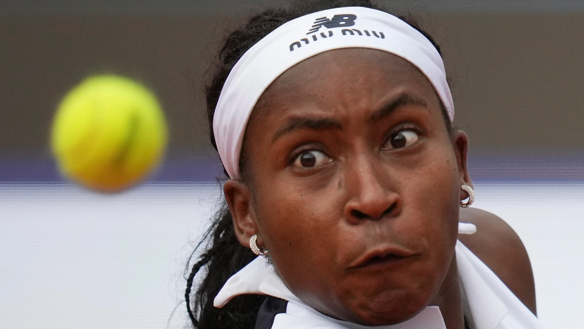 United States' Coco Gauff eyes the ball during her tennis match against Mirra Andreeva at the Italian Open at the Foro Italico, in Rome, Wednesday, May 14, 2025.(AP Photo/Alessandra Tarantino)
