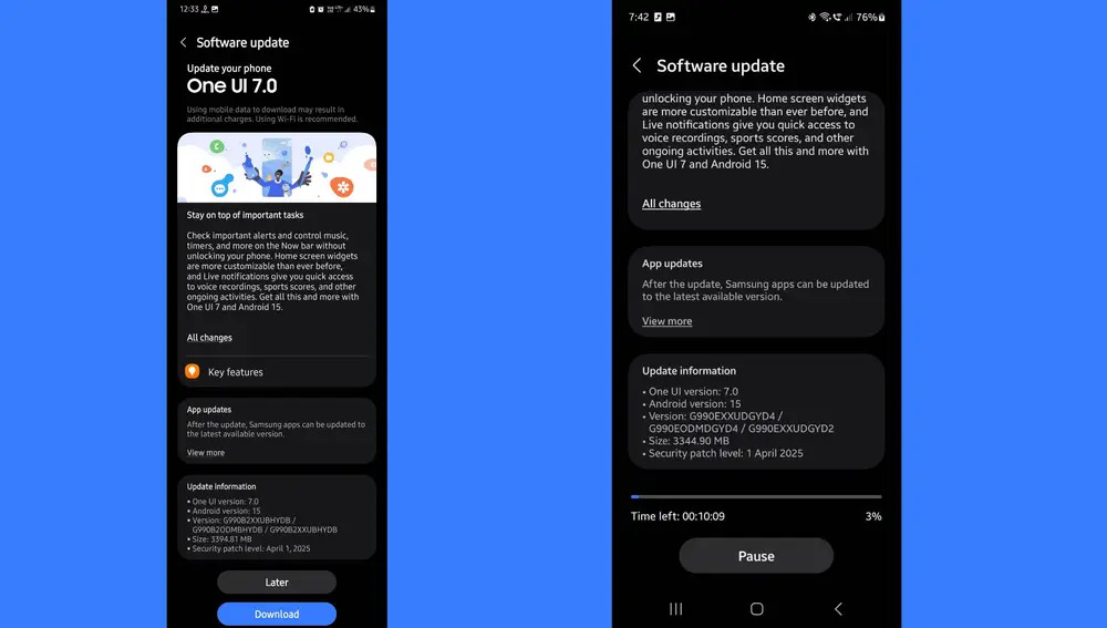Capturas de pantalla de la actualización a One UI 7 en los Samsung Galaxy S21 FE de India y Europa