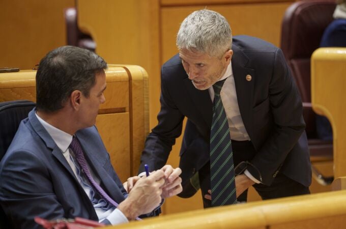 El presidente del Gobierno, Pedro Sánchez, y el ministro del Interior, Fernando Grande-Marlaska, en el Senado