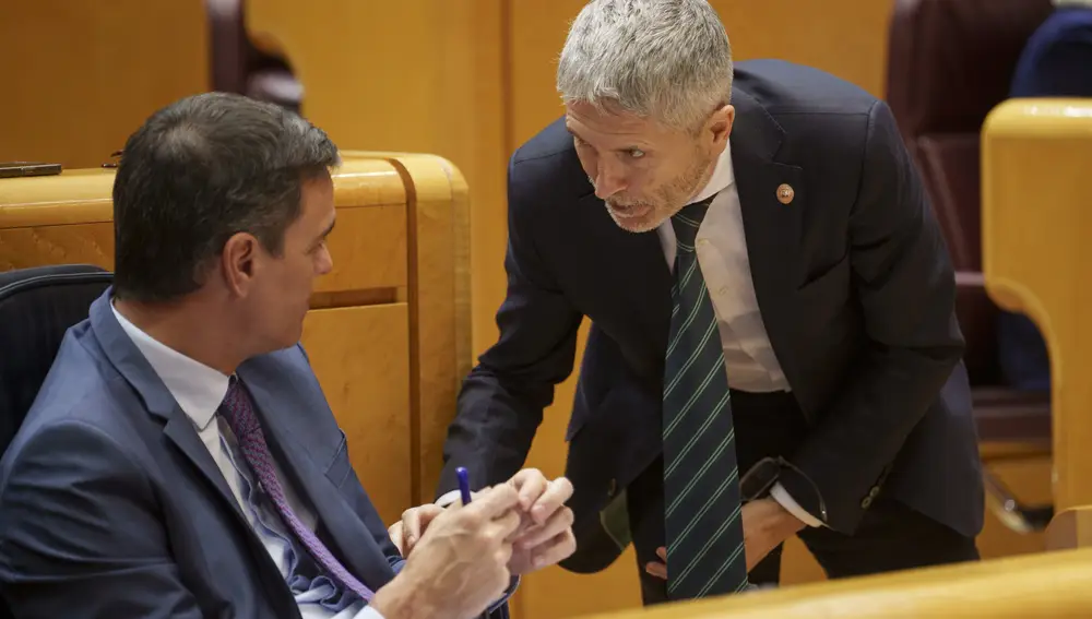 El presidente del Gobierno, Pedro Sánchez, y el ministro del Interior, Fernando Grande-Marlaska, en el Senado