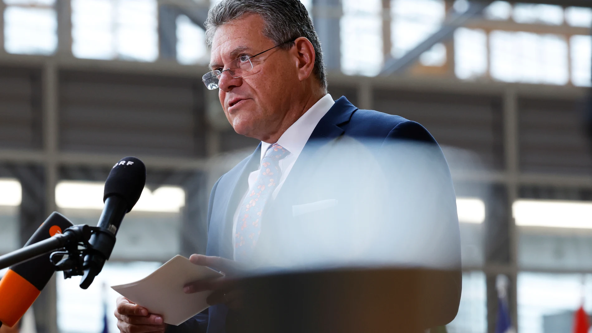European Commissioner for Trade and Economic Security Maros Sefcovic speaks with the media as he arrives for a meeting of EU trade ministers at the European Council building in Brussels, Thursday, May 15, 2025. (AP Photo/Omar Havana)