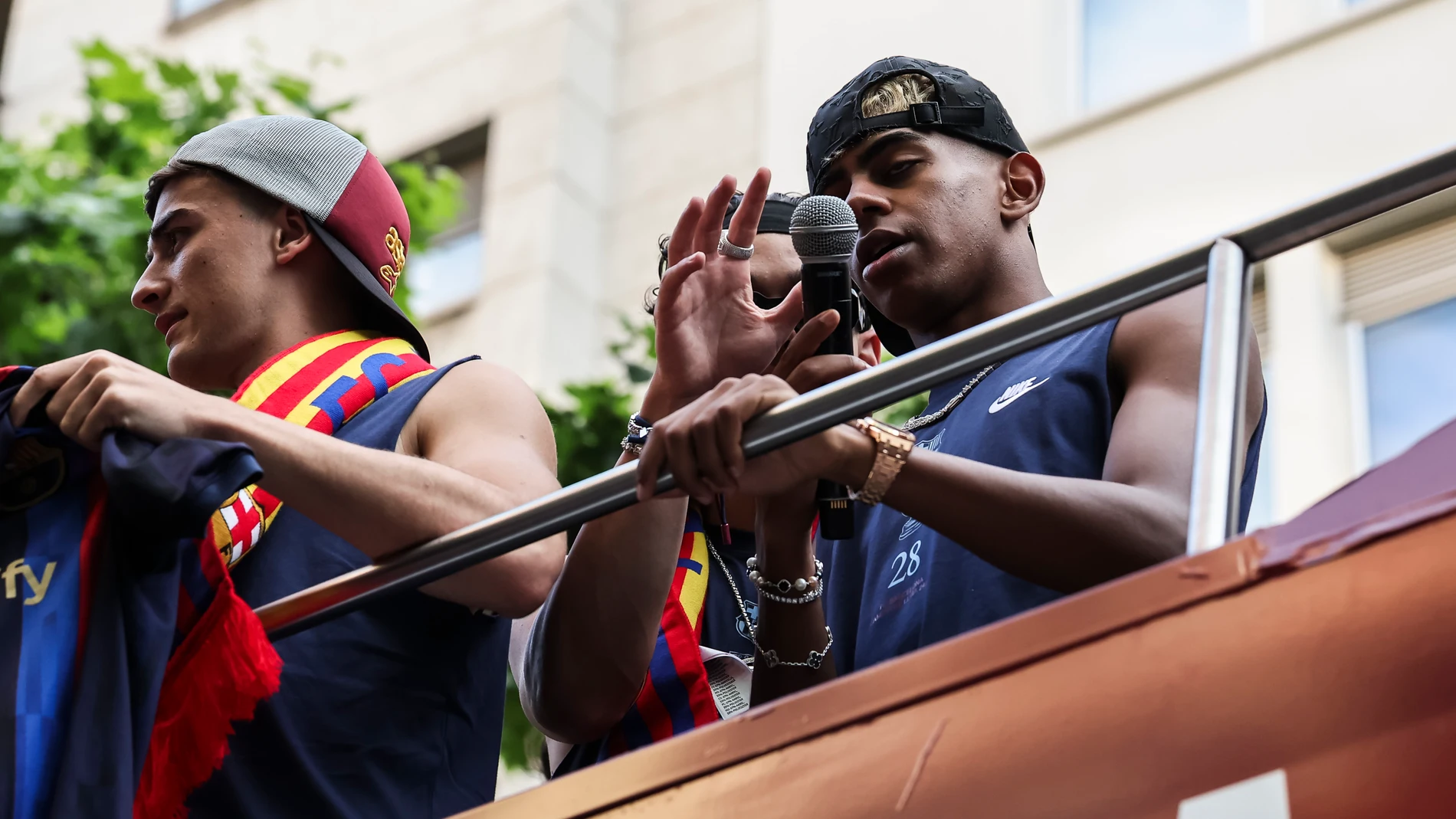 Lamine Yamal during the celebration of the Rua of FC Barcelona for the title of Spanish league, La Liga EA Sports, through the streets of Barcelona on May 16, 2025 in Barcelona, Spain. AFP7 16/05/2025 ONLY FOR USE IN SPAIN