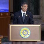 El presidente del Gobierno, Pedro Sánchez, durante su intervención en la Cumbre de la Liga Árabe en Bagdad, 17 de mayo de 2025.