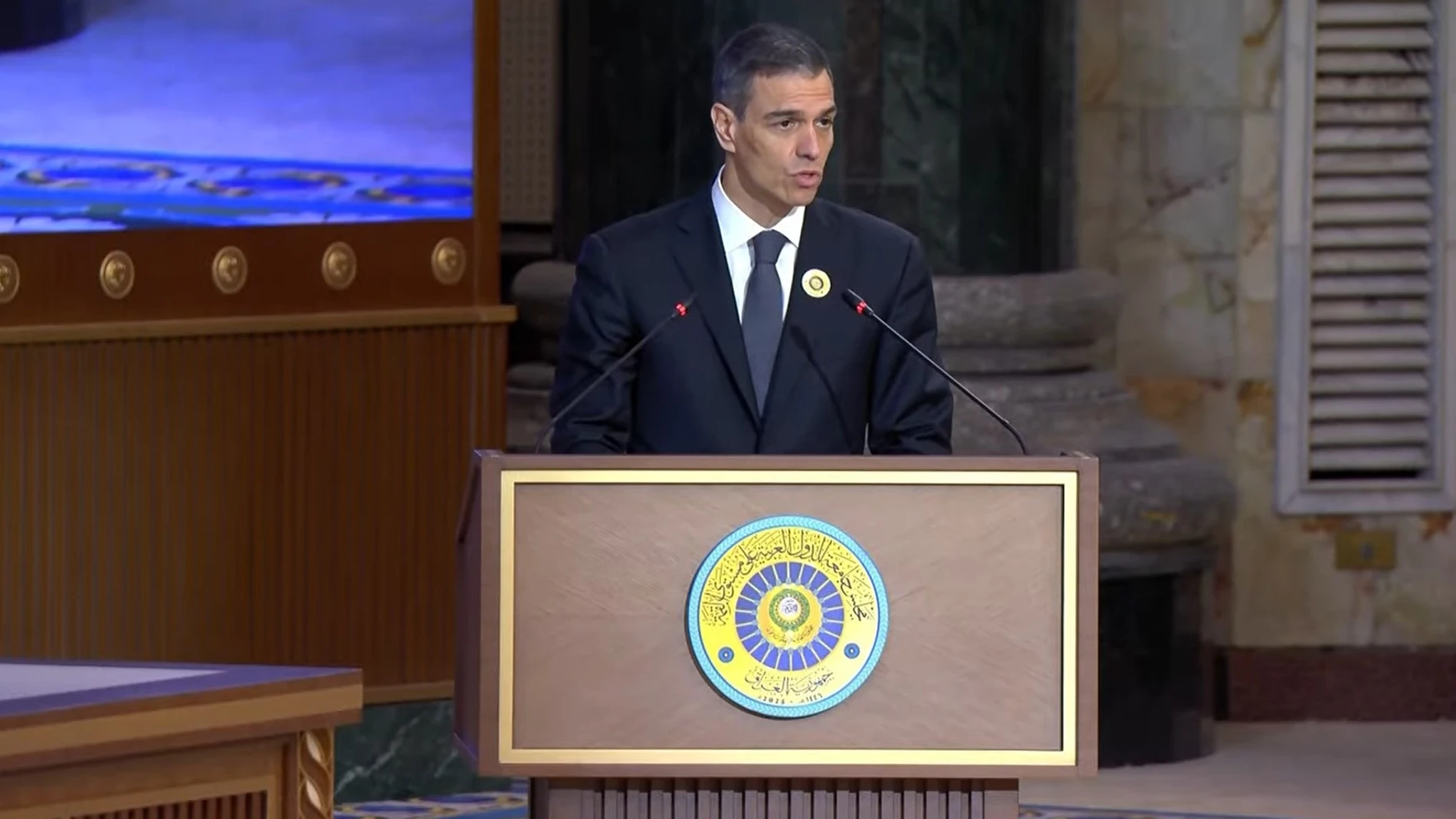 El presidente del Gobierno, Pedro Sánchez, durante su intervención en la Cumbre de la Liga Árabe en Bagdad, 17 de mayo de 2025. EUROPA PRESS 17/05/2025