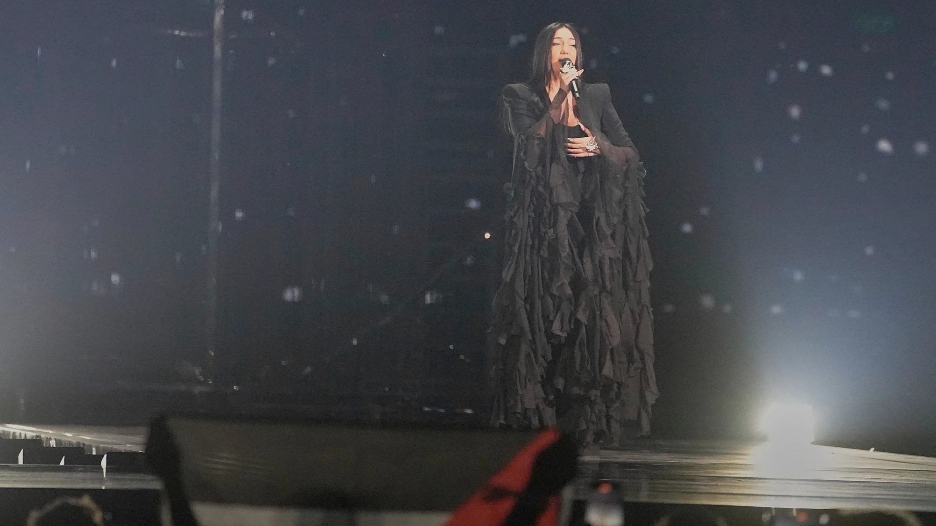 A Palestinian flag is raise by a member of the audience as Yuval Raphael from Israel performs the song "New Day Will Rise" during the Grand Final of the 69th Eurovision Song Contest, in Basel, Switzerland, Saturday, May 17, 2025. (AP Photo/Martin Meissner)