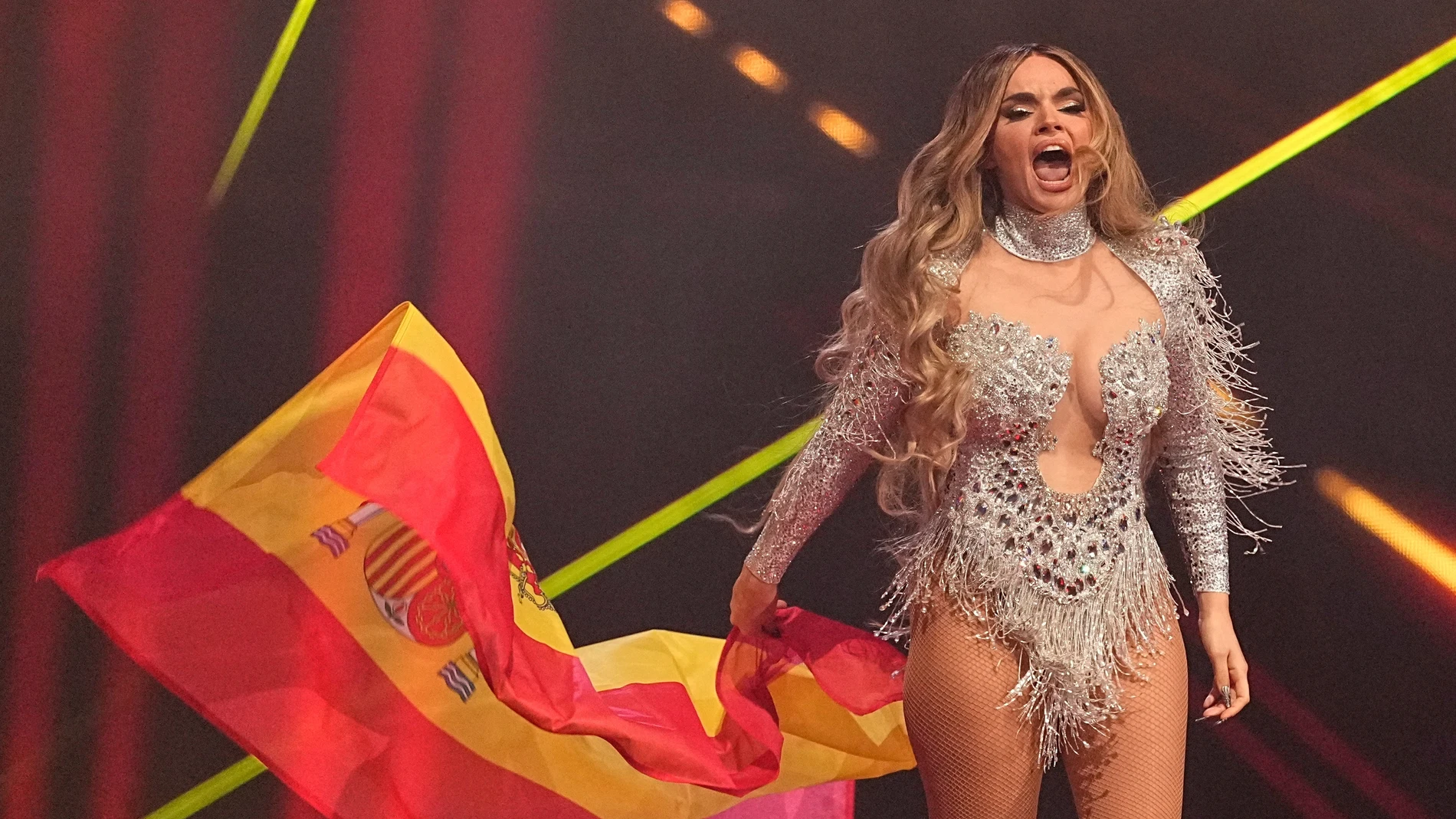 Melody from Spain reacts as she arrives for the Grand Final of the 69th Eurovision Song Contest, in Basel, Switzerland, Saturday, May 17, 2025. (AP Photo/Martin Meissner)