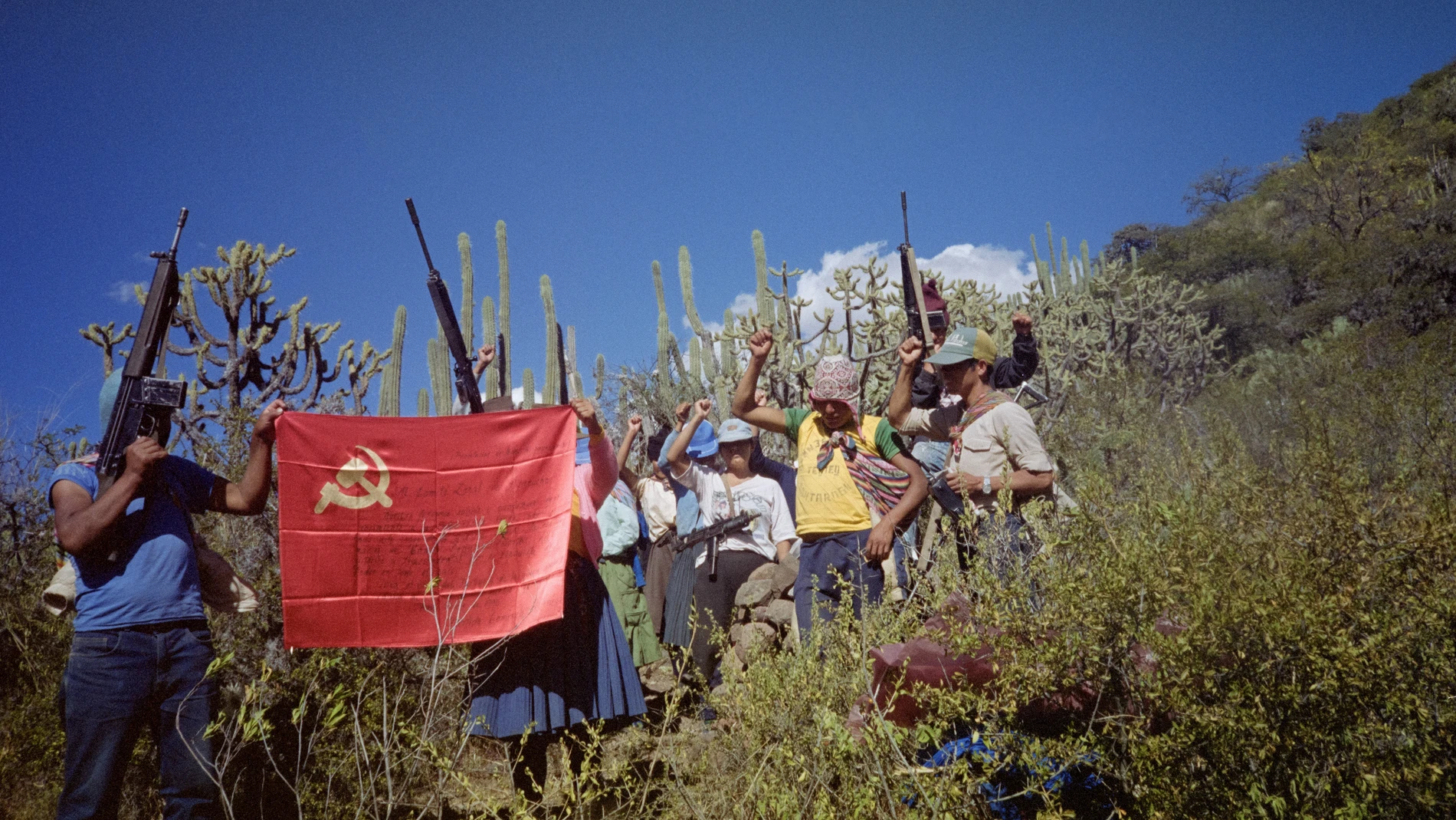 Shining Path guerrillas wave a communist flag in April 1991. A far-left political party and guerrilla group in Peru following Marxism-Leninism-Maoism and the thinking of Gonzalo, the Shining Path movement (Sentero Luminoso) launched its "people's war" in 1980, a Maoist insurrection led by former philosophy teacher Abimael Guzman.