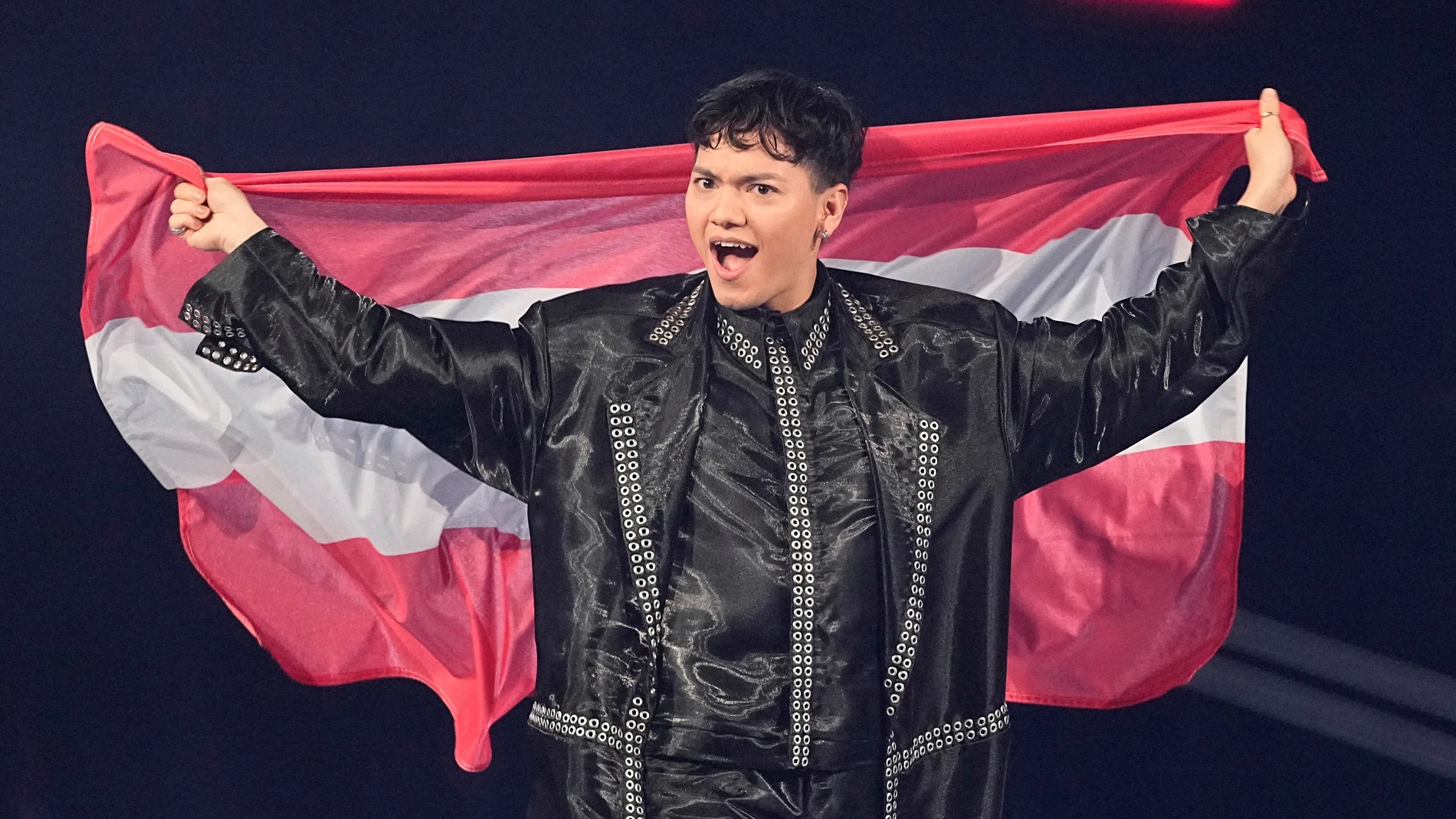 JJ from Austria reacts as he arrives on stage for the Grand Final of the 69th Eurovision Song Contest, in Basel, Switzerland, Saturday, May 17, 2025. (AP Photo/Martin Meissner)