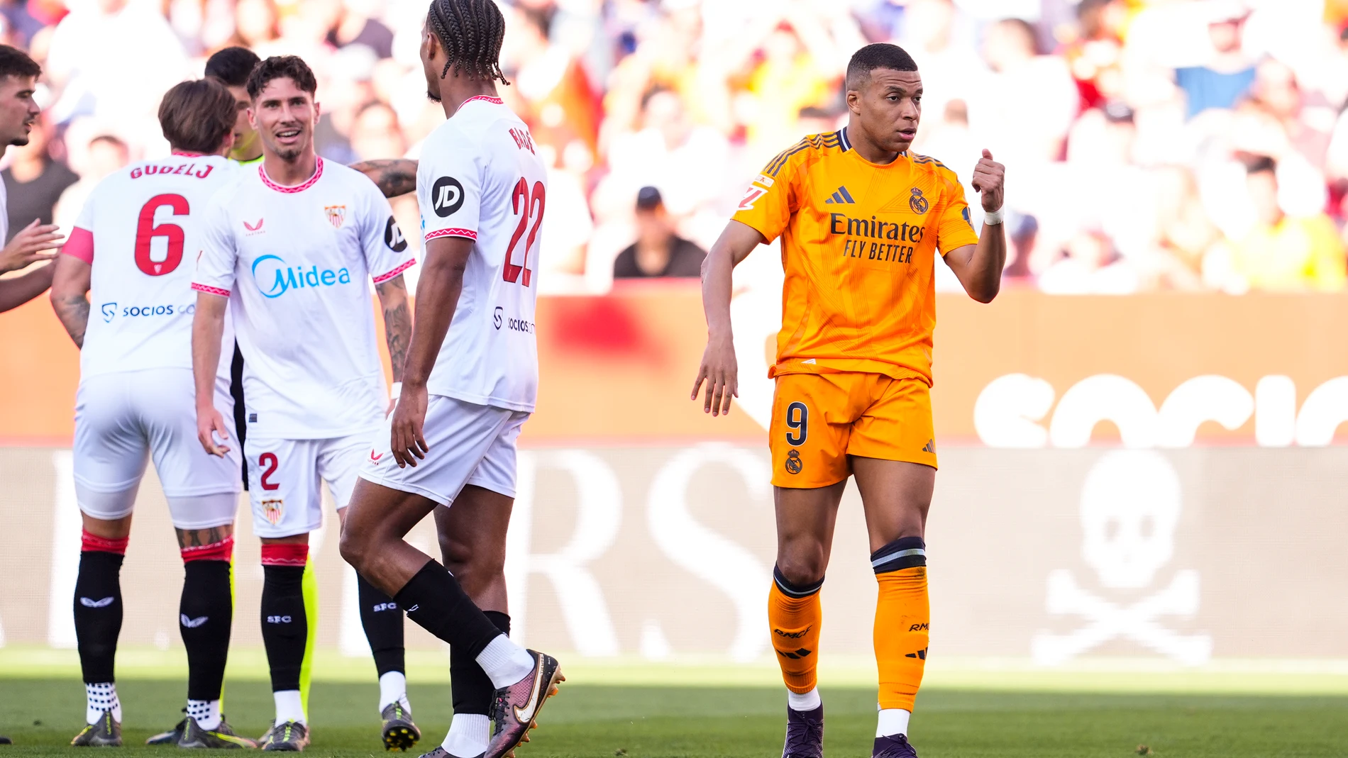 Kylian Mbappe of Real Madrid gestures during the Spanish league, LaLiga EA Sports, football match played between Sevilla FC and Real Madrid at Ramon Sanchez-Pizjuan stadium on May 18, 2025, in Sevilla, Spain. AFP7 18/05/2025 ONLY FOR USE IN SPAIN