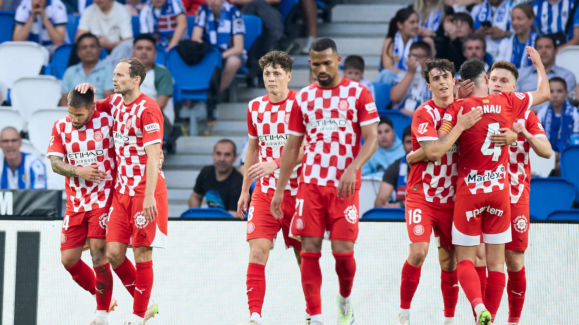 Cristian Portugues 'Portu' of Girona FC celebrates after scoring goal during the LaLiga EA Sports match between Real Sociedad and Girona FC at Reale Arena on May 18, 2025, in San Sebastian, Spain. AFP7 18/05/2025 ONLY FOR USE IN SPAIN