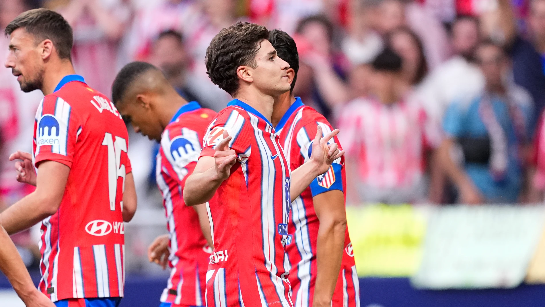 Julian Alvarez of Atletico de Madrid celebrates a goal during the Spanish League, LaLiga EA Sports, football match played between Atletico de Madrid and Real Betis Balompie at Riyadh Air Metropolitano stadium on May 18, 2025, in Madrid, Spain.AFP7 18/05/2025 ONLY FOR USE IN SPAIN