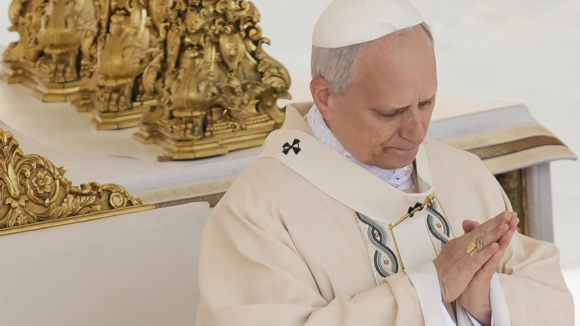 Pope Leo XIV wears the fisherman's ring, a symbol of the papacy, during a Mass for the formal inauguration of Pope Leo XIV's pontificate, in St. Peter's Square, at the Vatican, Sunday, May 18, 2025.