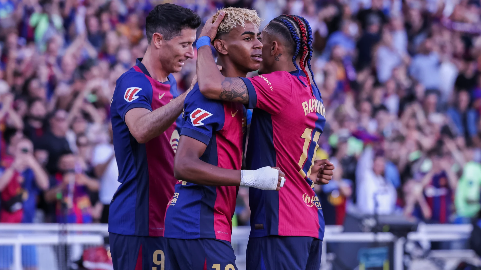 Lamine Yamal of FC Barcelona celebrates a goal with his teammates during the Spanish league, La Liga EA Sports, football match played between FC Barcelona and Villarreal CF at Estadi Olimpic Lluis Companys on May 18, 2025 in Barcelona, Spain.AFP7 18/05/2025 ONLY FOR USE IN SPAIN