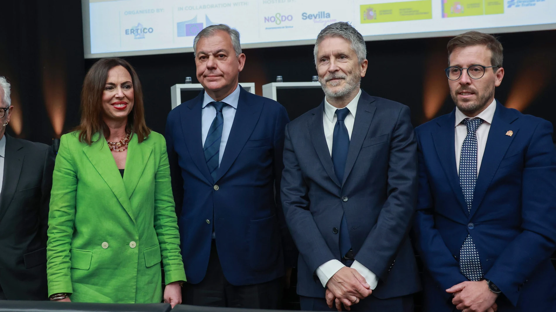 El ministro del Interior, Fernando Grande-Marlaska (2d), durante la inauguración del 16º Congreso Europeo de Sistemas de Transporte Inteligente. A 19 de mayo de 2025, en Sevilla (Andalucía, España). El 16º Congreso Europeo de Sistemas de Transporte Inteligente se ha inaugurado en Fibes con la participación del ministro del Interior, Fernando Grande-Marlaska, la consejera de Fomento, Articulación del Territorio y Vivienda, Rocío Díaz, y el alcalde de Sevilla, José Luis Sanz. 19 MAYO 2025 Ro...