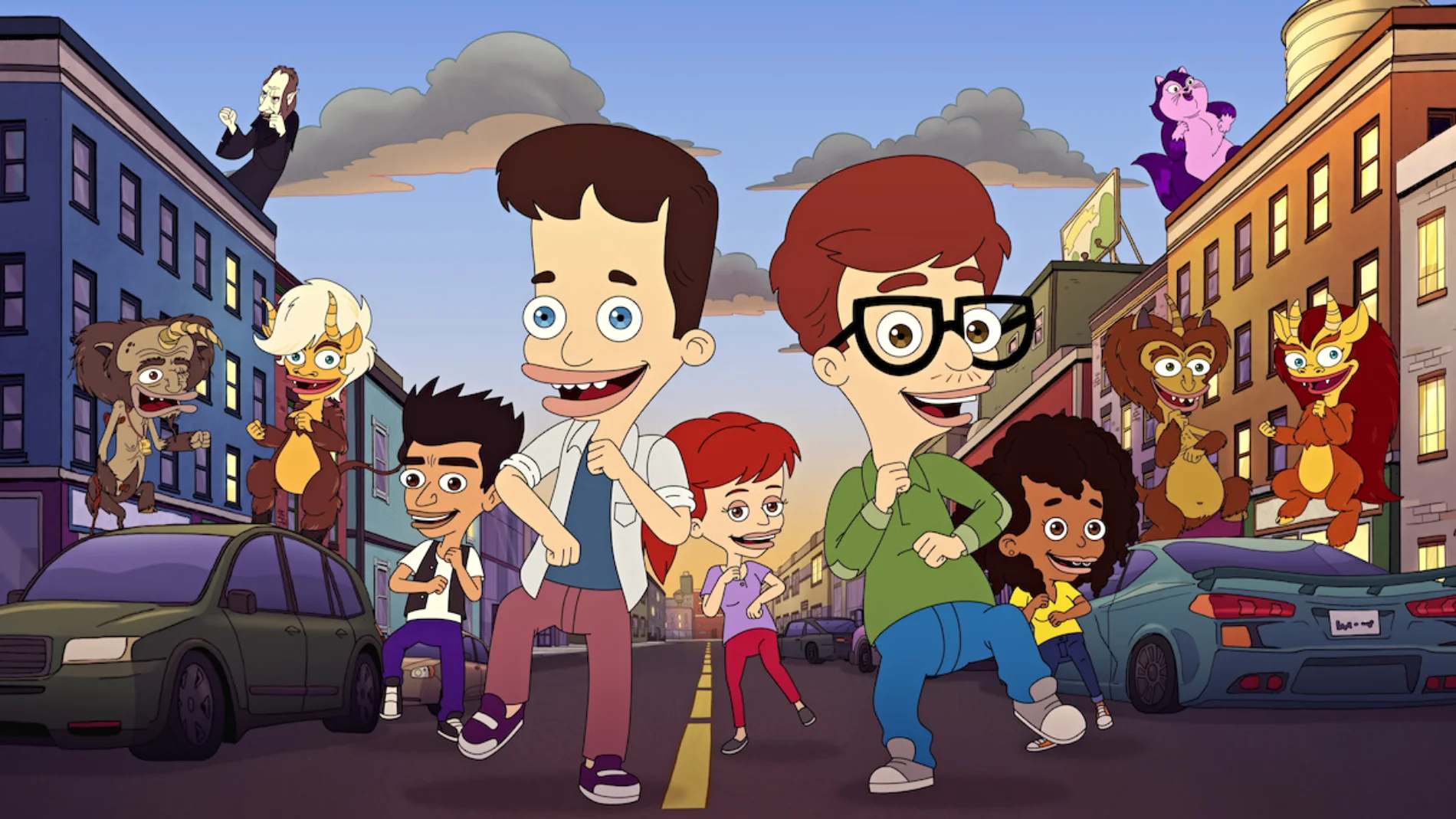 Nick, Andrew, Jessi, Missy y Jay, protagonistas de 'Big Mouth', caminando por la calle junto a sus monstruos hormonales