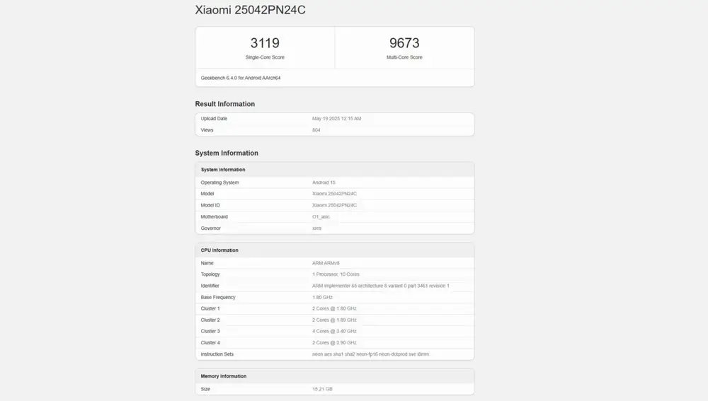 Los datos del nuevo Xiaomi 15S Pro según GeekBench