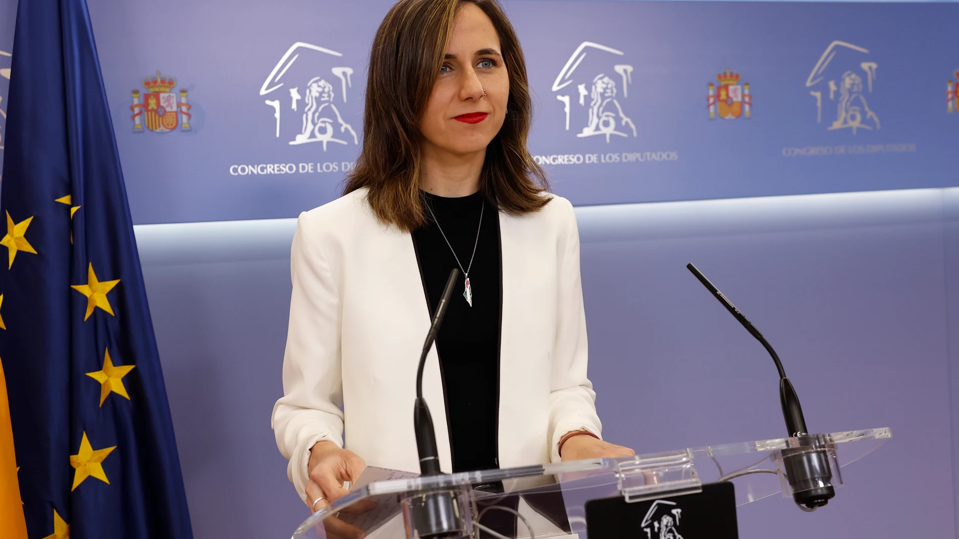 MADRID, 20/05/2025.- La líder de Podemos, Ione Belarra durante una rueda de prensa celebrada este martes en el Congreso. EFE/ Chema Moya