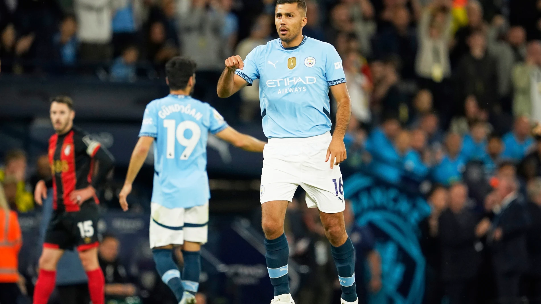Manchester City's Rodrigo during the English Premier League soccer match between Manchester City and Bournemouth at the Etihad stadium in Manchester, England, Tuesday, May 20, 2025. (AP Photo/Dave Thompson)