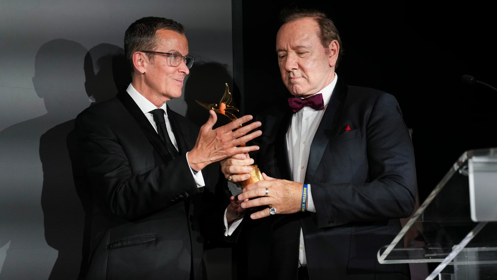 Kevin Spacey, right, receives the Excellence in Film and Television award from Better World Fund president Manuel Collas de La Roche during the Better World Fund 10th Anniversary Gala Dinner during the 78th international film festival in Cannes, southern France, Tuesday, May 20, 2025. (AP Photo/Natacha Pisarenko)