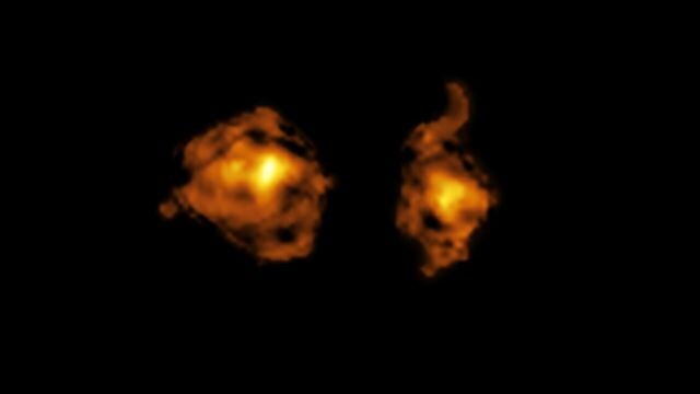 Imagen del gas molecular de dos galaxias involucradas en una colisión cósmica. La galaxia de la derecha alberga un cuásar y, con su haz de radiación hiere a la otra galaxia, perturbando sus nubes de gas y dificultando su capacidad para formar nuevas estrellas.