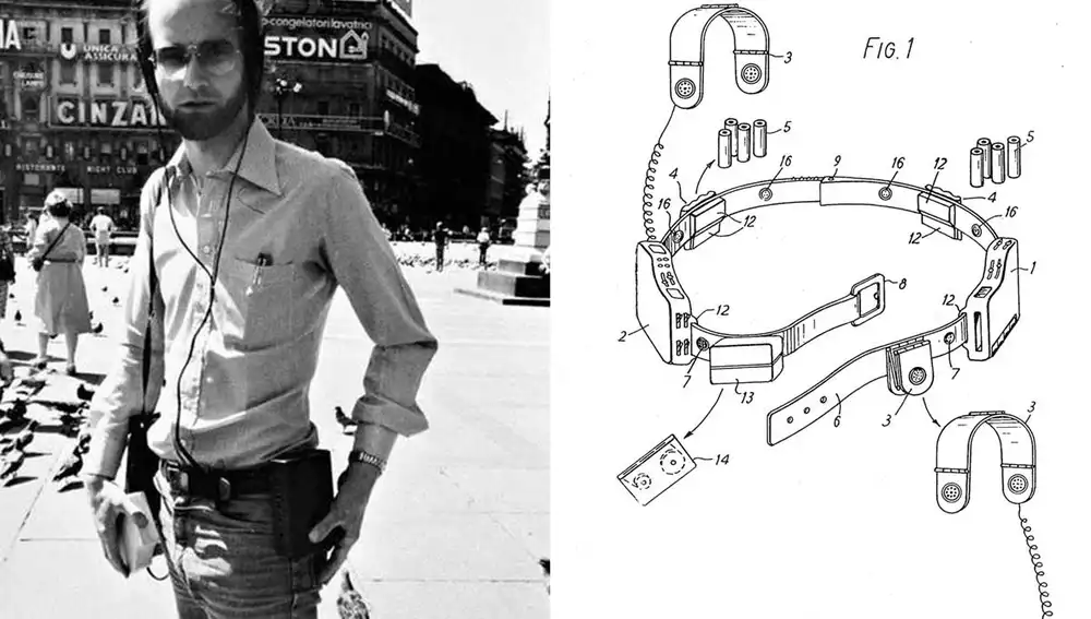 Andreas Pavel con su Stereobelt y un diseño esquemático del mismo