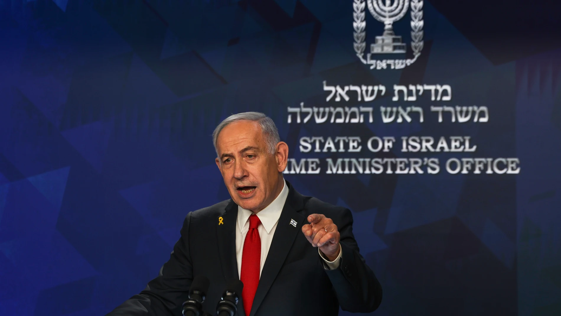 Israeli Prime Minister Benjamin Netanyahu speaks during a press conference in Jerusalem, Wednesday, May 21, 2025. (Ronen Zvulun/Pool Photo via AP)