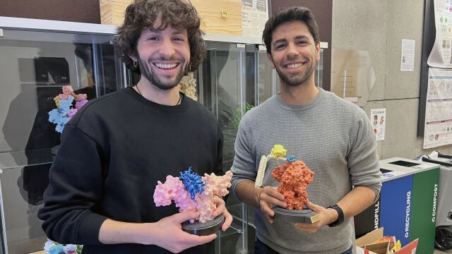 Marc Expósit y Alfredo Quijano con el diseño de sus proteínas en 3D