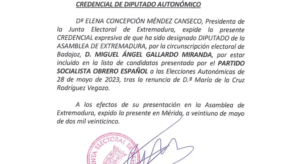 Credencial de diputado de Miguel Ángel Gallardo