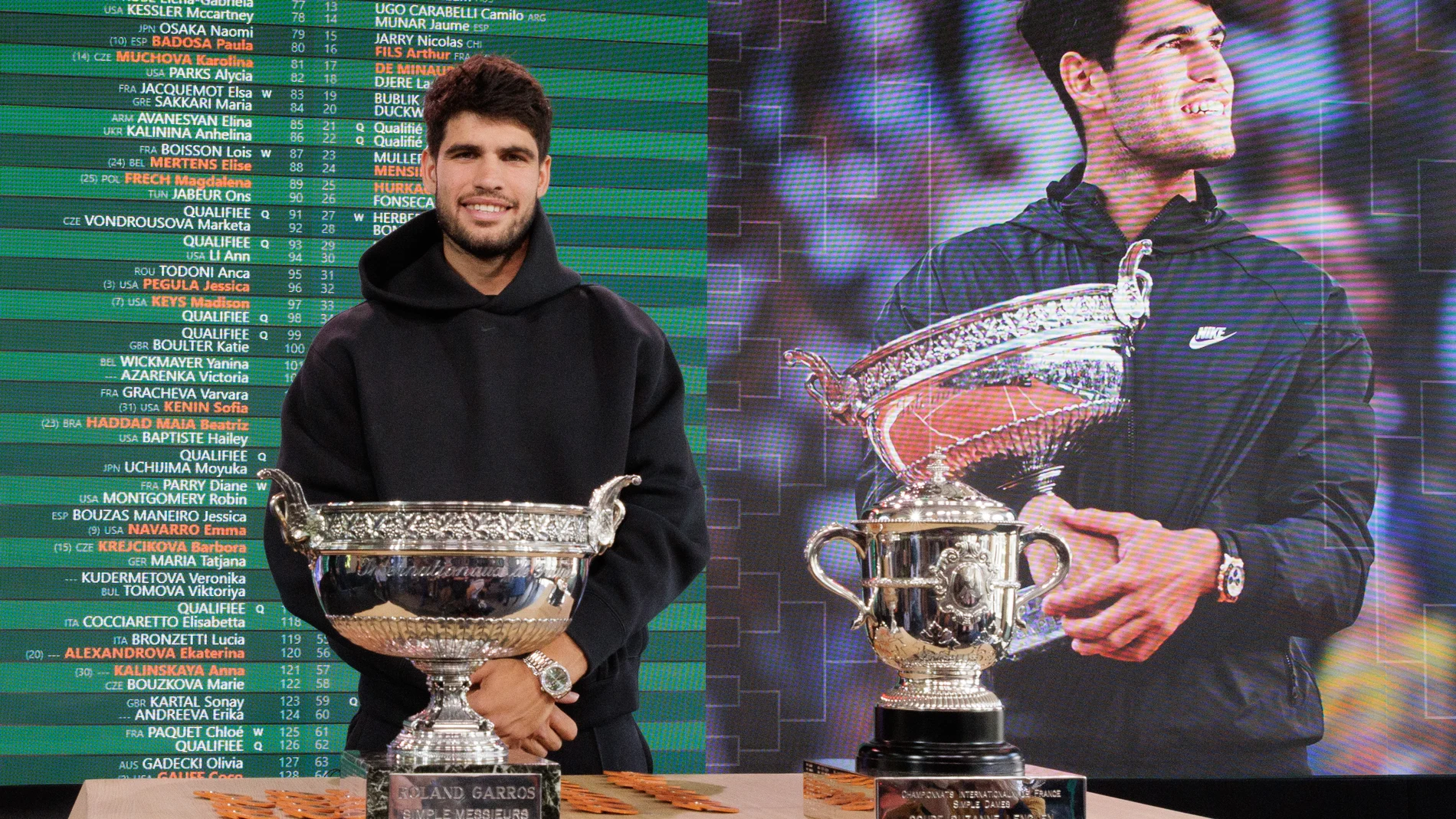 Carlos Alcaraz of Spain attends the official draw ceremony during the qualifying of the Roland-Garros 2025, French Open, Grand Slam tennis tournament on 22 May 2025 at Roland-Garros stadium in Paris, France - Photo Tnani Badreddine / DPPI AFP7 22/05/2025 ONLY FOR USE IN SPAIN