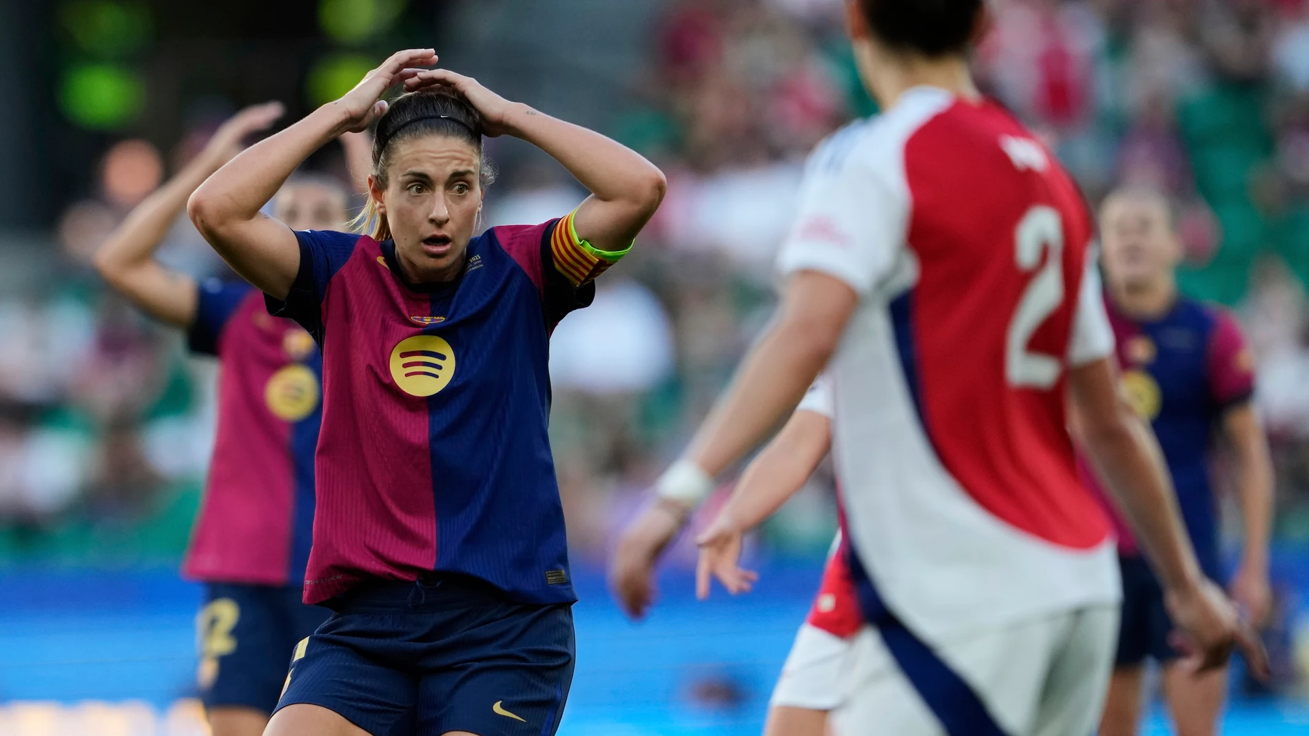 Barcelona's Alexia Putellas gestures during the women's Champions League final soccer match between Arsenal and FC Barcelona at the Jose Alvalade stadium in Lisbon, Saturday, May 24, 2025. (AP Photo/Armando Franca)