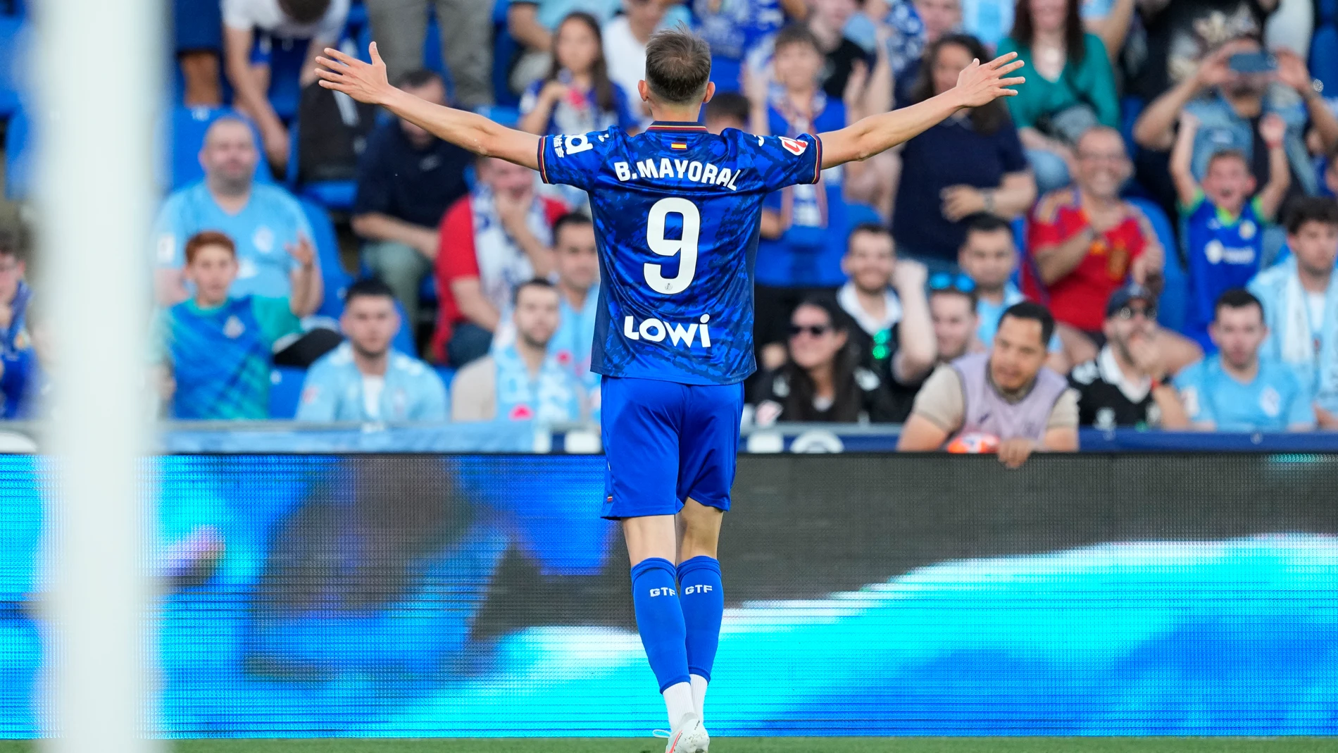 Borja Mayoral of Getafe CF celebrates a goal during the Spanish League, LaLiga EA Sports, football match played between Getafe CF and RC Celta de Vigo at Coliseum de Getafe on May 24, 2025, in Getafe, Madrid, Spain. AFP7 24/05/2025 ONLY FOR USE IN SPAIN