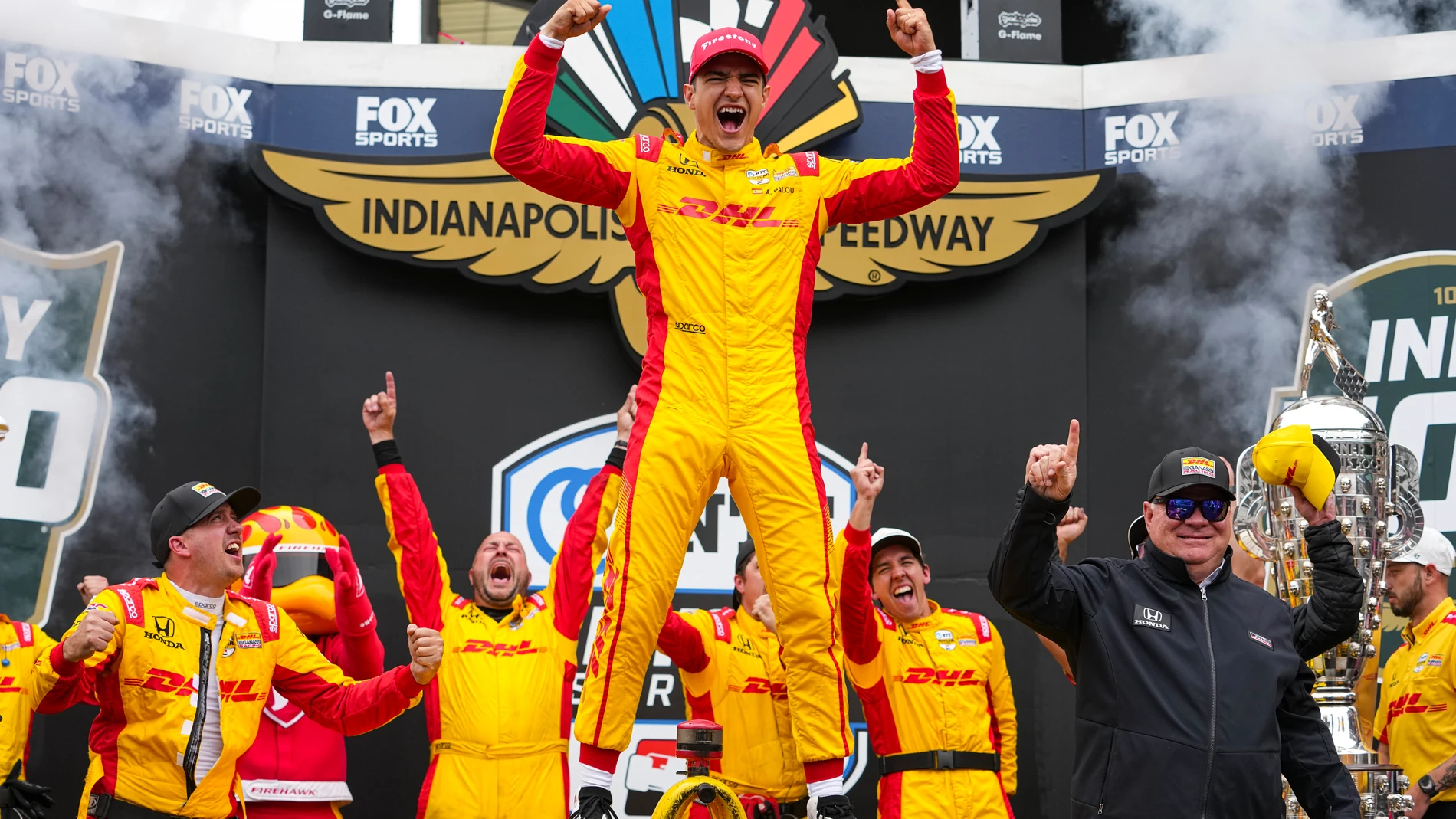 Alex Palou, of Spain, celebrates after winning the Indianapolis 500 auto race at Indianapolis Motor Speedway in Indianapolis, Sunday, May 25, 2025. (AP Photo/Michael Conroy)