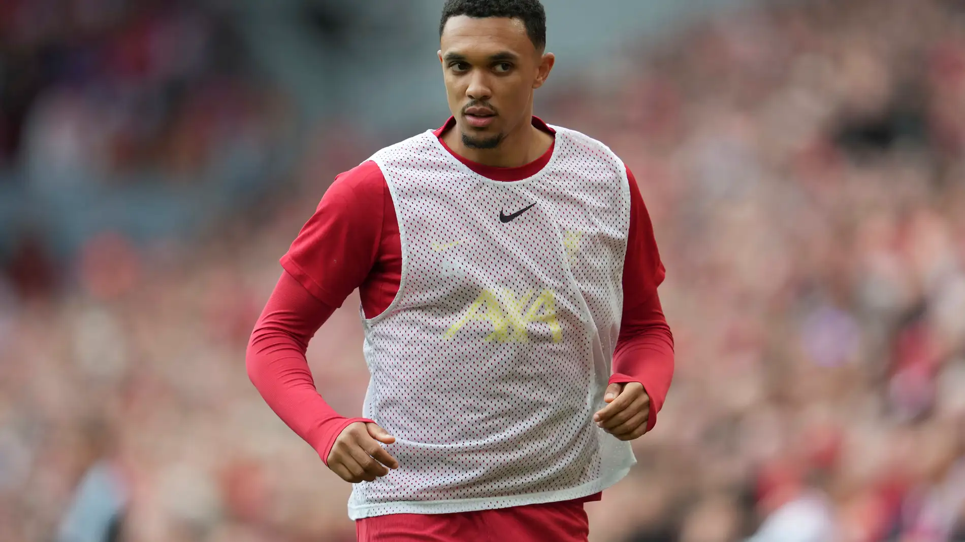 Liverpool's Trent Alexander-Arnold warms up ahead of the English Premier League soccer match between Liverpool and Crystal Palace at the Anfield stadium in Liverpool, England, Sunday, May 25, 2025. (AP Photo/Jon Super)
