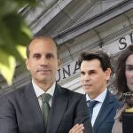 Carlos Neira, Alberto González Amador, Pilar Rodríguez y Álvaro García Ortiz, frente a la fachada del Tribunal Supremo