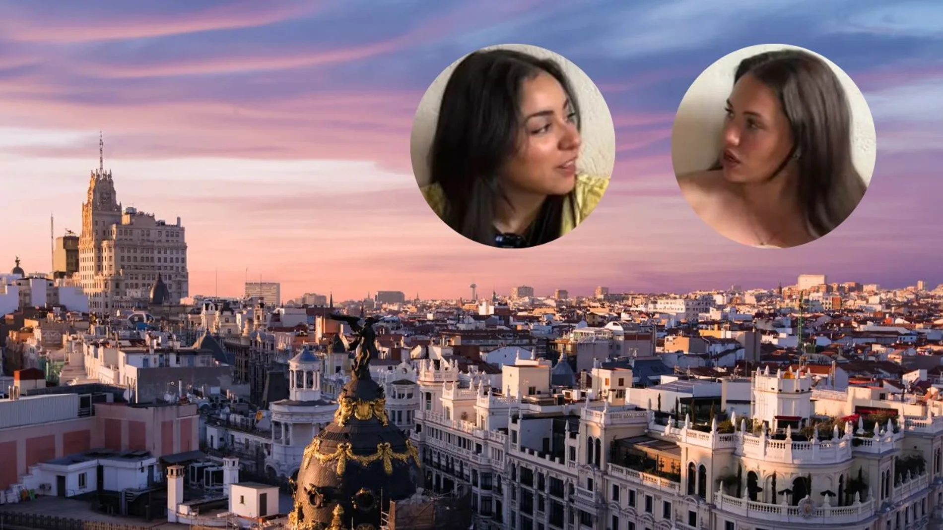 Imagen de la ciudad de Madrid junto a dos jóvenes de Barcelona