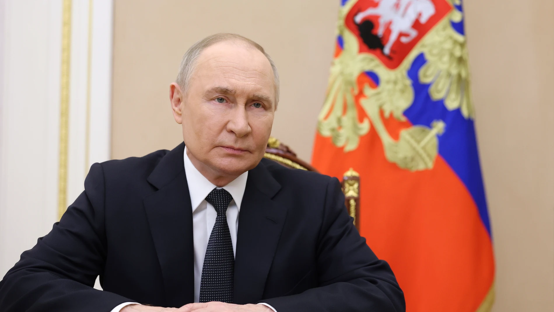 Russian President Vladimir Putin makes a video address to congratulate the staff, veterans and civilian personnel of the Border Guard Service of the Federal Security Service on Border Guards Day at the Kremlin in Moscow, Russia, Wednesday, May 28, 2025. (Alexander Kazakov, Sputnik, Kremlin Pool Photo via AP)