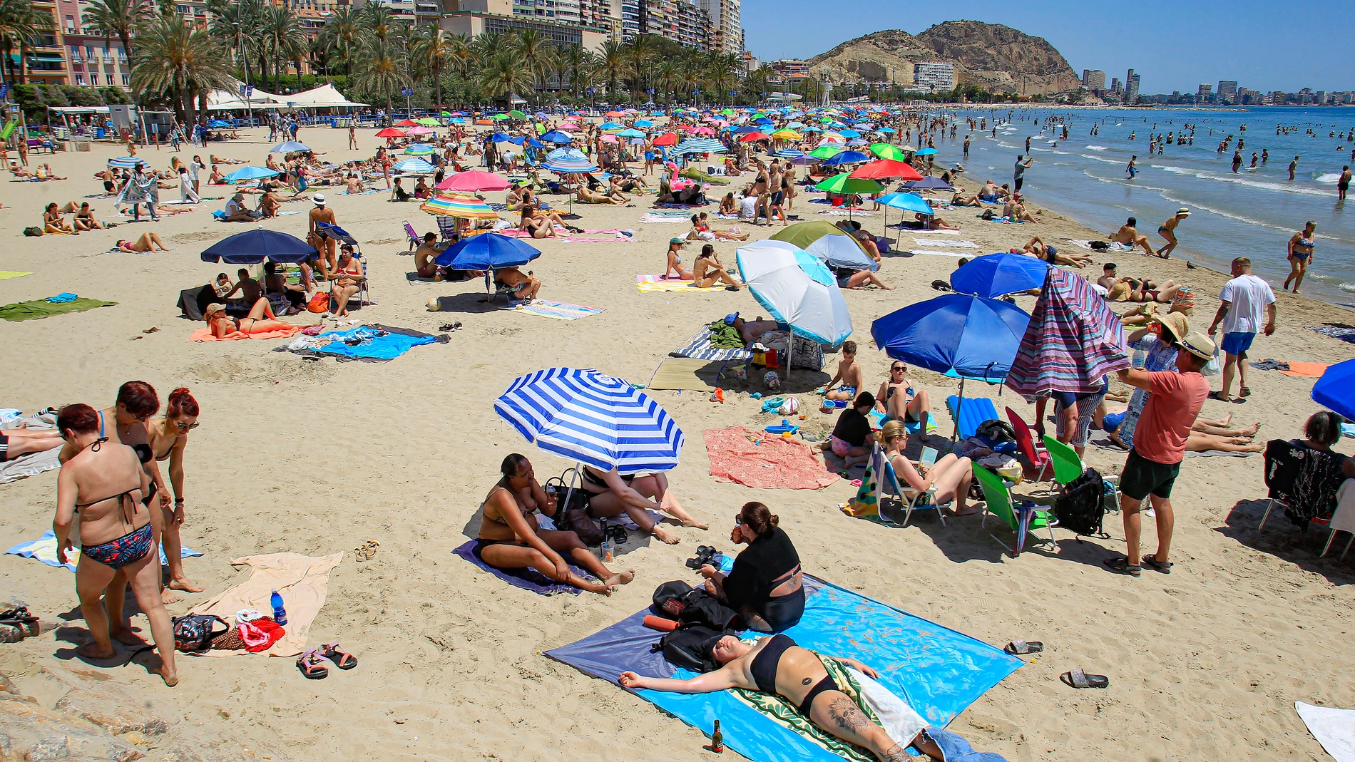 GRAFCVA7868. ALICANTE, 30/05/2025.- La Comunitat Valenciana despide mayo este fin de semana y recibe el mes de junio con temperaturas que según la Agencia Estatal de Meteorología serán "significativamente elevadas" para esta época del año, en un ambiente en general estable aunque este viernes podrá haber tormentas al norte y mañana en el interior. En la imagen numerosos bañistas en la playa de El Postiguet de Alicante. EFE/Pep Morell