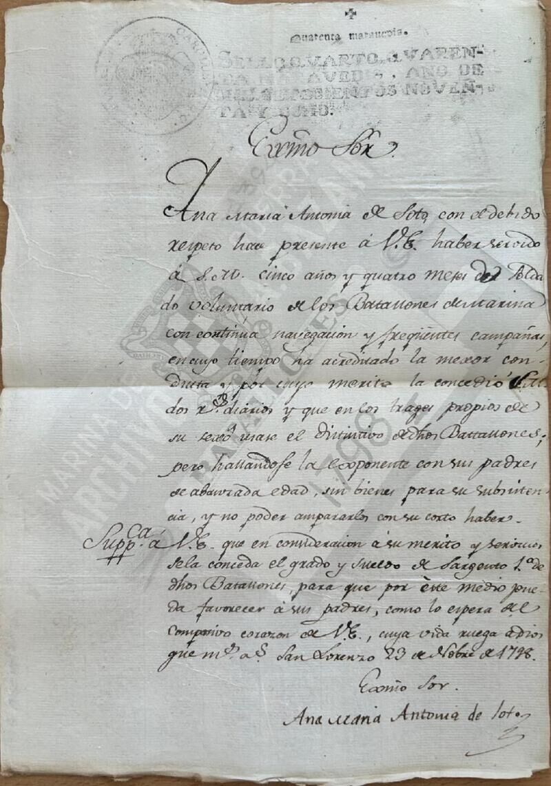 Manuscrito que verifica que Ana María de Soto fue la primera mujer prestando servicio como infante de marina.