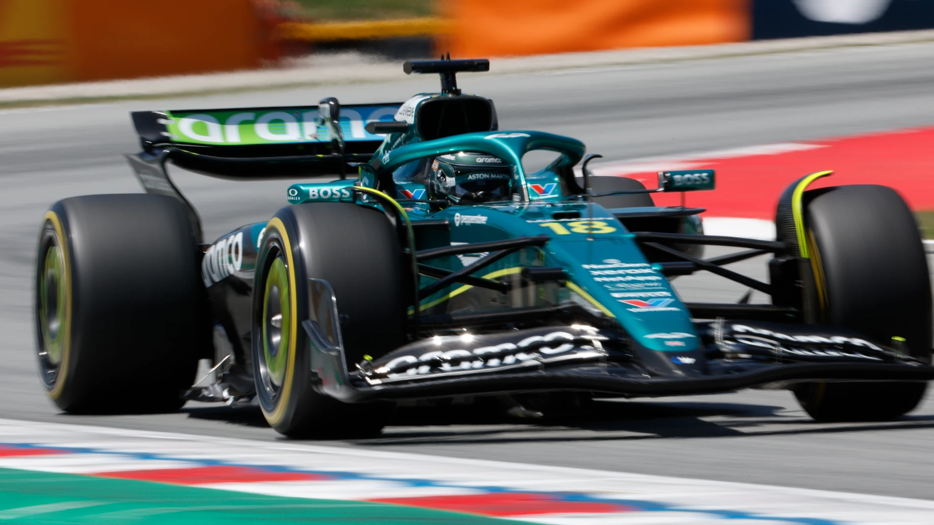 Aston Martin driver Lance Stroll of Canada steers his car during the third free practice ahead of the Spanish Grand Prix Formula One race at the Barcelona Catalunya racetrack in Montmelo, near Barcelona, Spain, Saturday, May 31, 2025. (AP Photo/Joan Monfort)