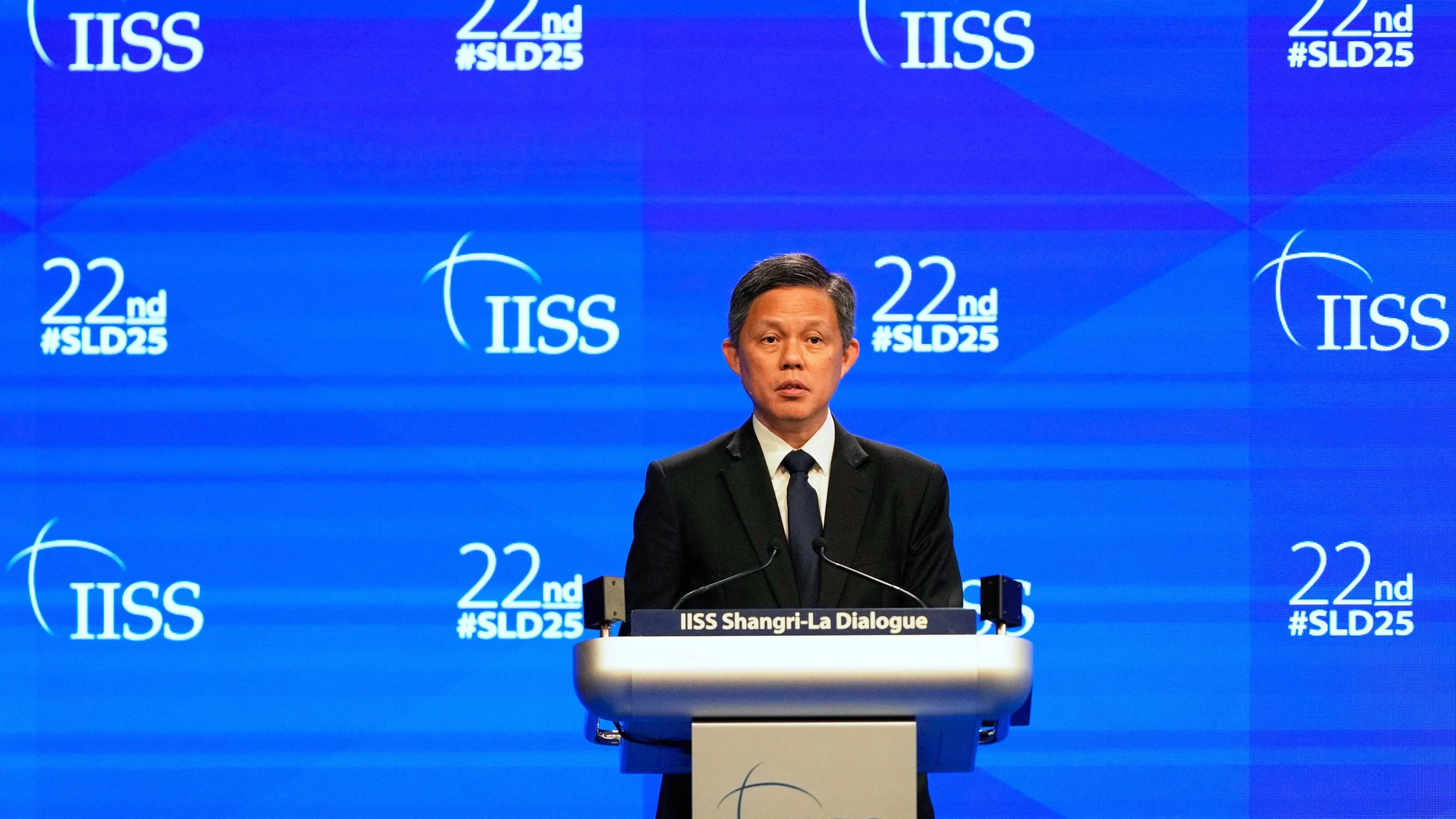 Singapore's Defense Minister Chan Chun Sing, coordinating minister for Public Services, delivers his speech during the 22nd Shangri-La Dialogue summit in Singapore, Sunday, June 1, 2025. (AP Photo/Anupam Nath)