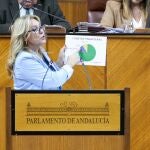 Carolina España debatiendo sobre el presupuesto de 2025 en la Cámara andaluza