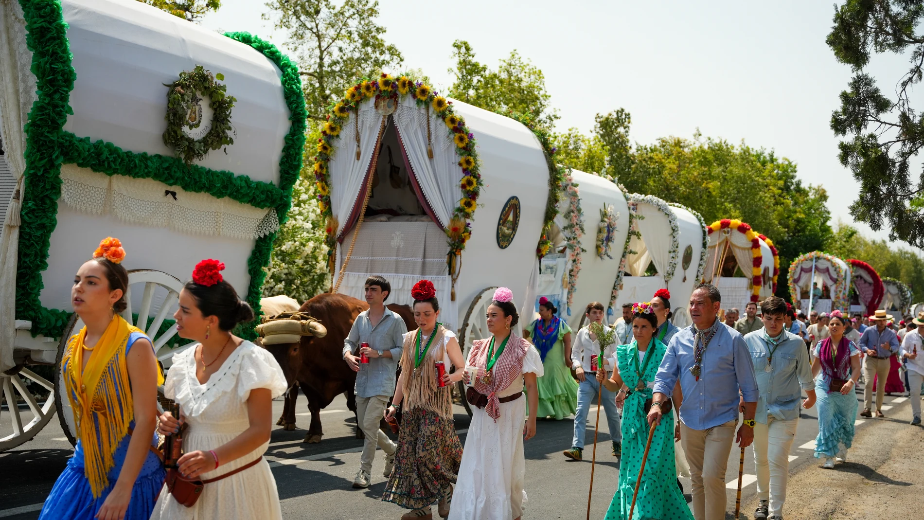 Peregrinos camino de la aldea almonteña. A 4 de mayo de 2025 en Sevilla, Andalucía (España). Cuatro hermandades rocieras de Sevilla capital inician este miércoles su peregrinación a la aldea almonteña. Se trata de las corporaciones filiales de Triana, Sevilla-El Salvador, Macarena y El Cerro del Águila,04 JUNIO 2025María José López / Europa Press04/06/2025