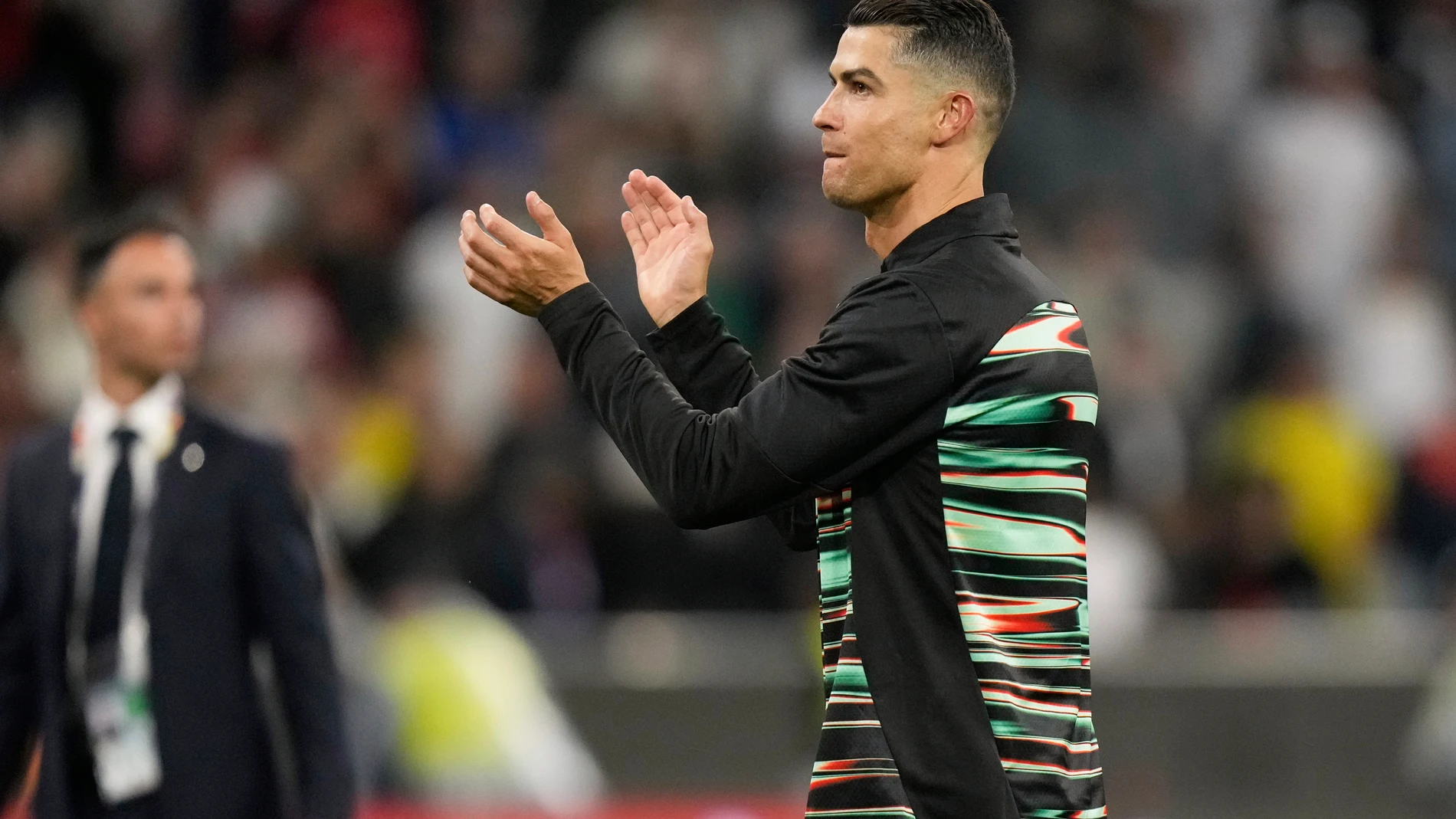 Portugal's Cristiano Ronaldo applauds fans after the Nations League semifinal soccer match between Portugal and Germany at the Munich Football Arena, in Munich, Germany, Wednesday, June 4, 2025. (AP Photo/Matthias Schrader)