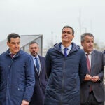 Juanma Moreno y Pedro Sánchez, entre otros, en la entrega de una promoción de VPO en Sevilla