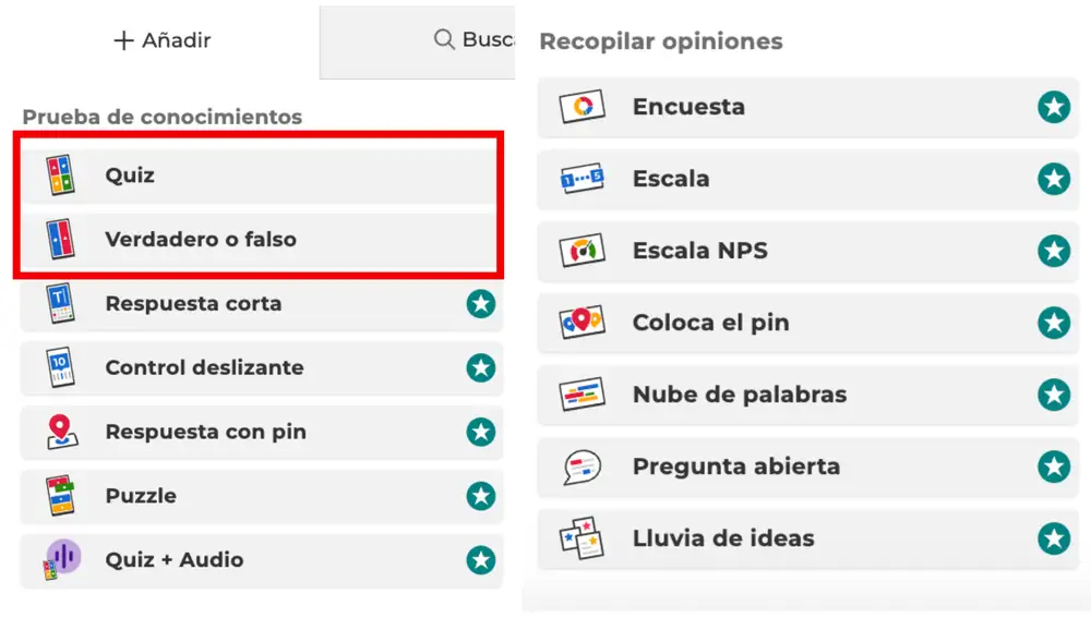 "Quiz" y "Verdadero/falso" son las que puedes realizar con el plan gratuito