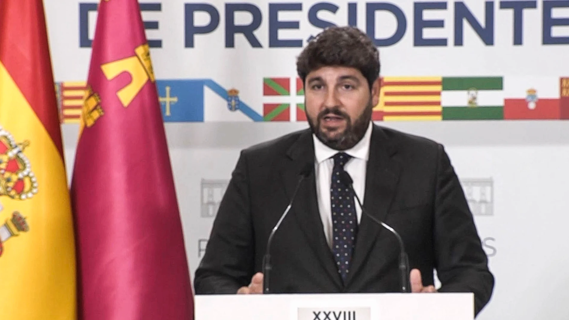 BARCELONA, 06/06/2025.- Captura de video de la señal institucional de la XXVIII Conferencia de Presidentes, del presidente de la Región de Murcia, Fernando López Miras, durante la rueda de prensa que ha ofrecido este viernes en el Palau de Pedralbes de Barcelona. EFE/Señal institucional de la XXVIII Conferencia de Presidentes -SOLO USO EDITORIAL/SOLO DISPONIBLE PARA ILUSTRAR LA NOTICIA QUE ACOMPAÑA (CRÉDITO OBLIGATORIO)-