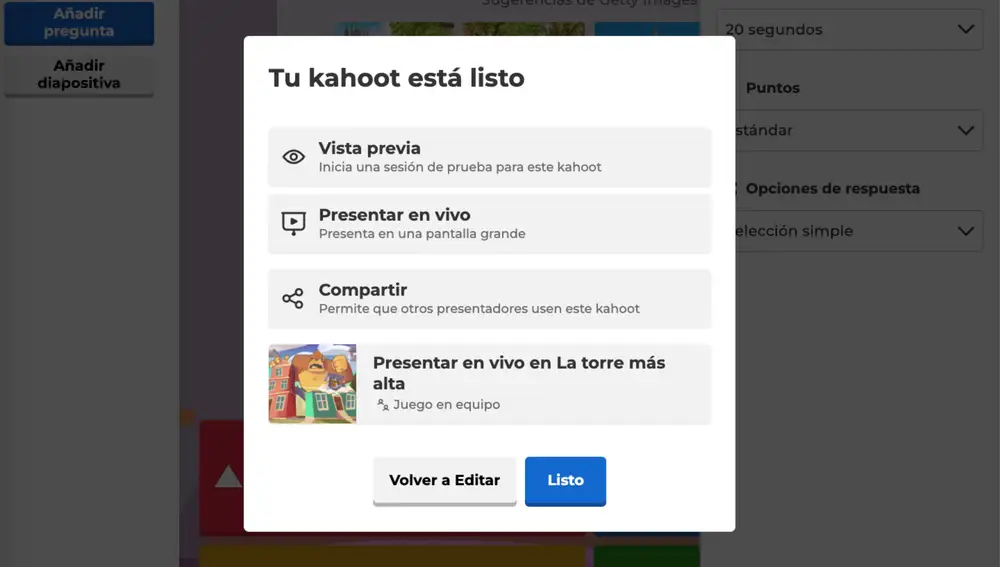 Tu Kahoot está listo para jugar y/o compartir con más gente